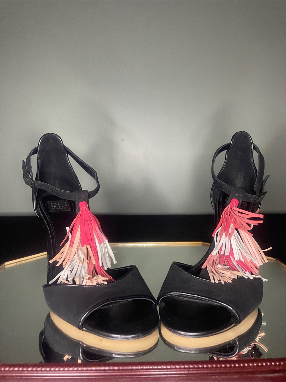 White House Black Market Black Open-Toe Heels with Pink and Cream Tassels